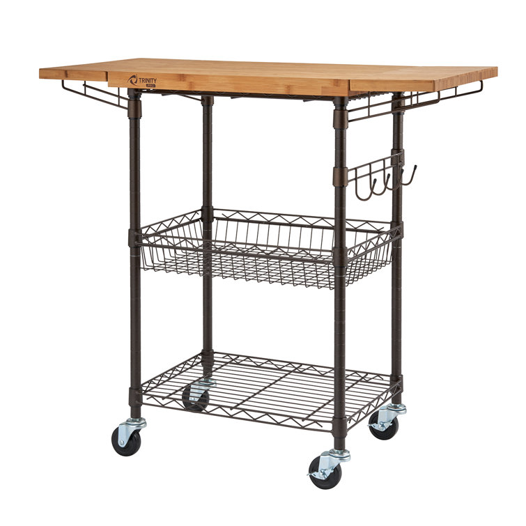 Trinity 39" Steel Kitchen Island with Solid Wood Top and Locking Wheels